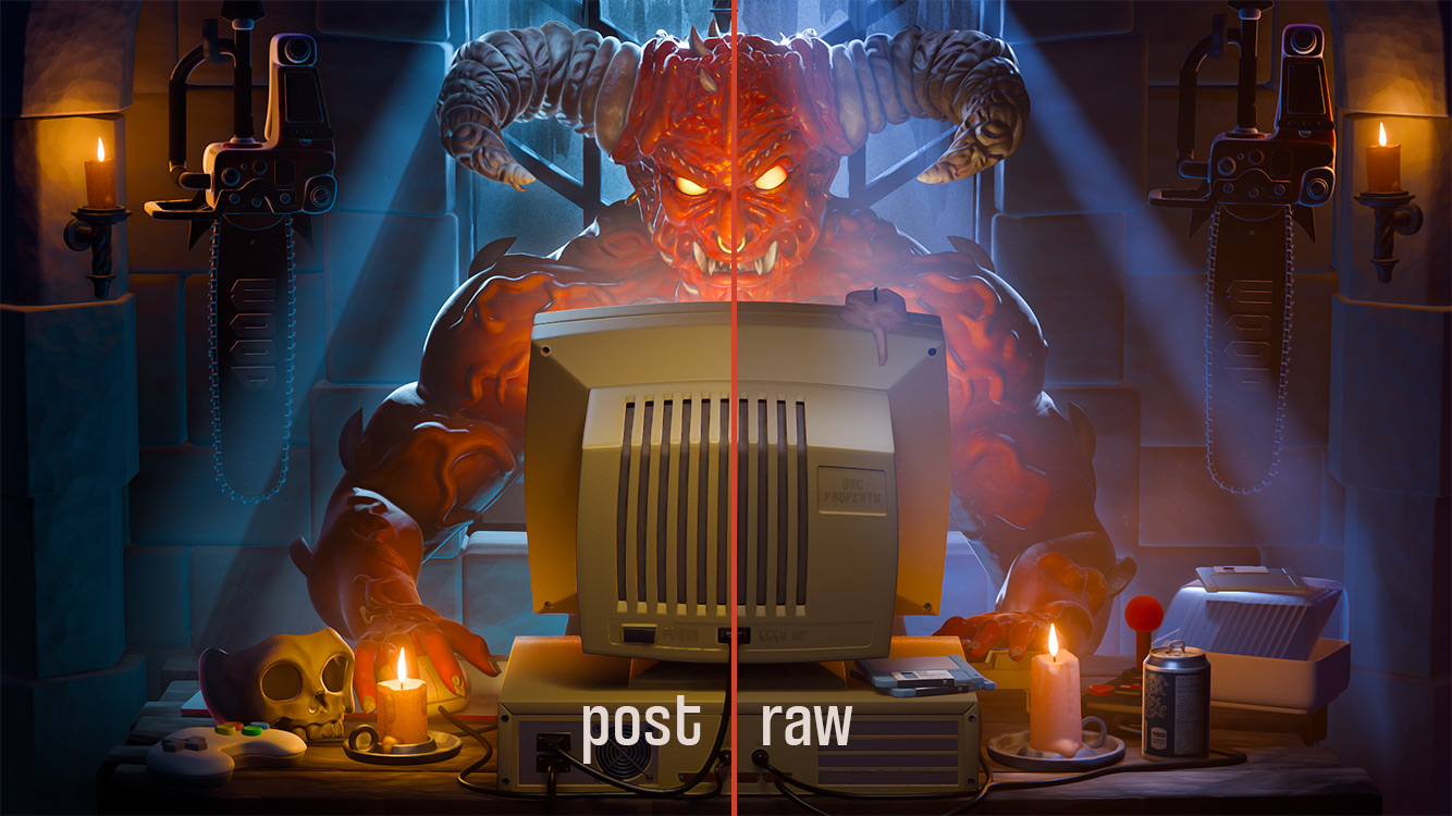 Raw Blender render versus Photoshop-treated final image