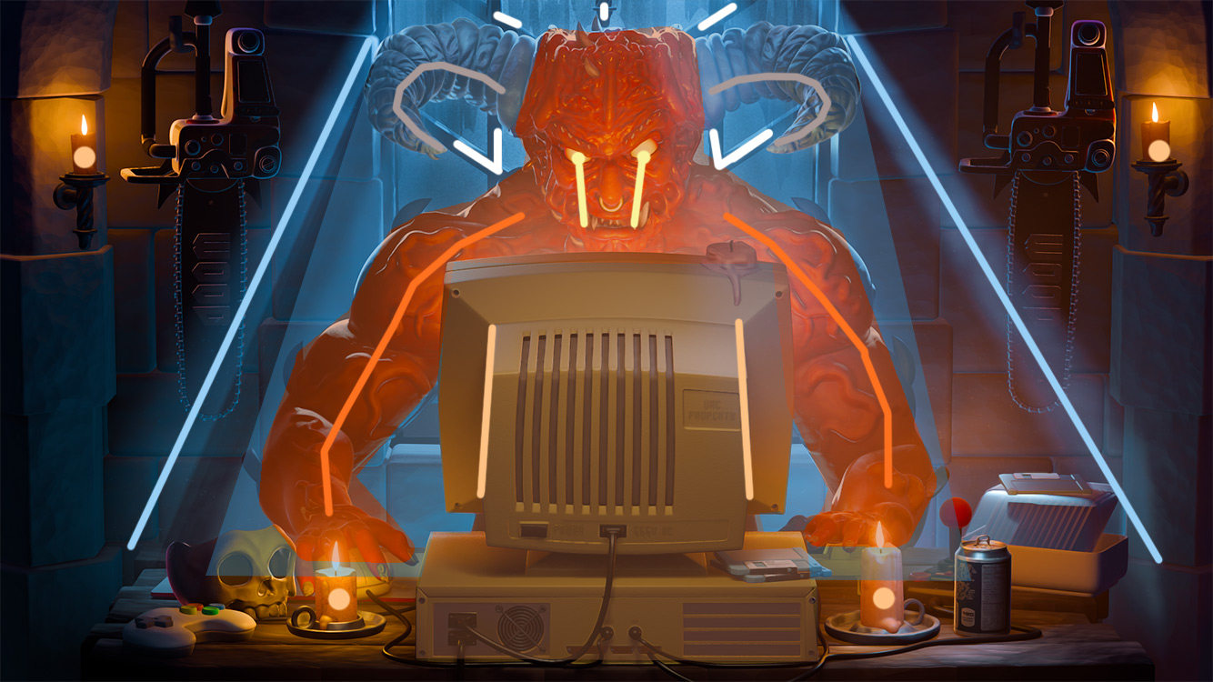 Composition breakdown showing the demon illustration's focal hierarchy
