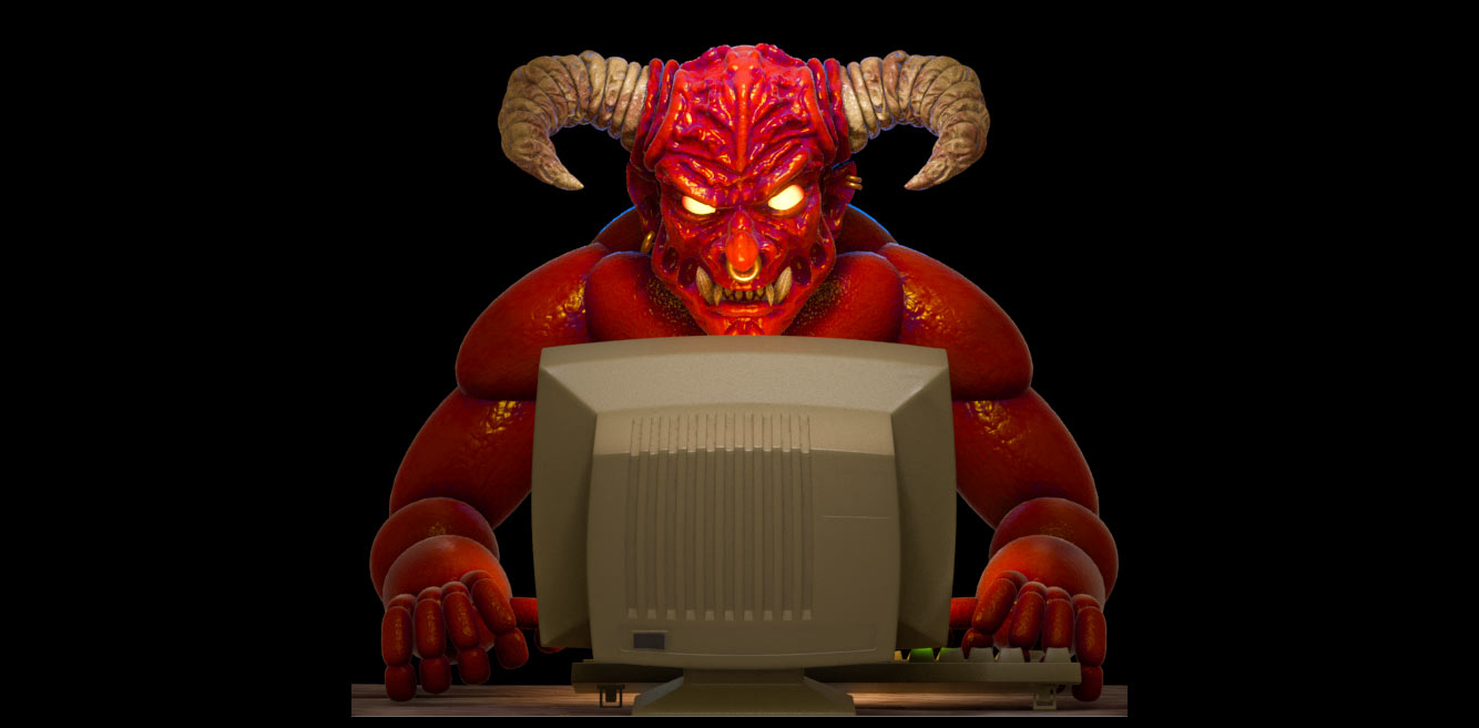 Early concept render with a demon head and CRT in a dark void