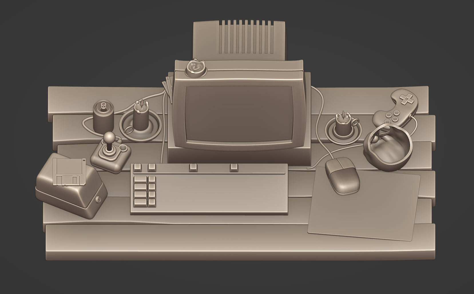 Prop detail collage showing CRT, joystick, floppy disks, skull, and candles