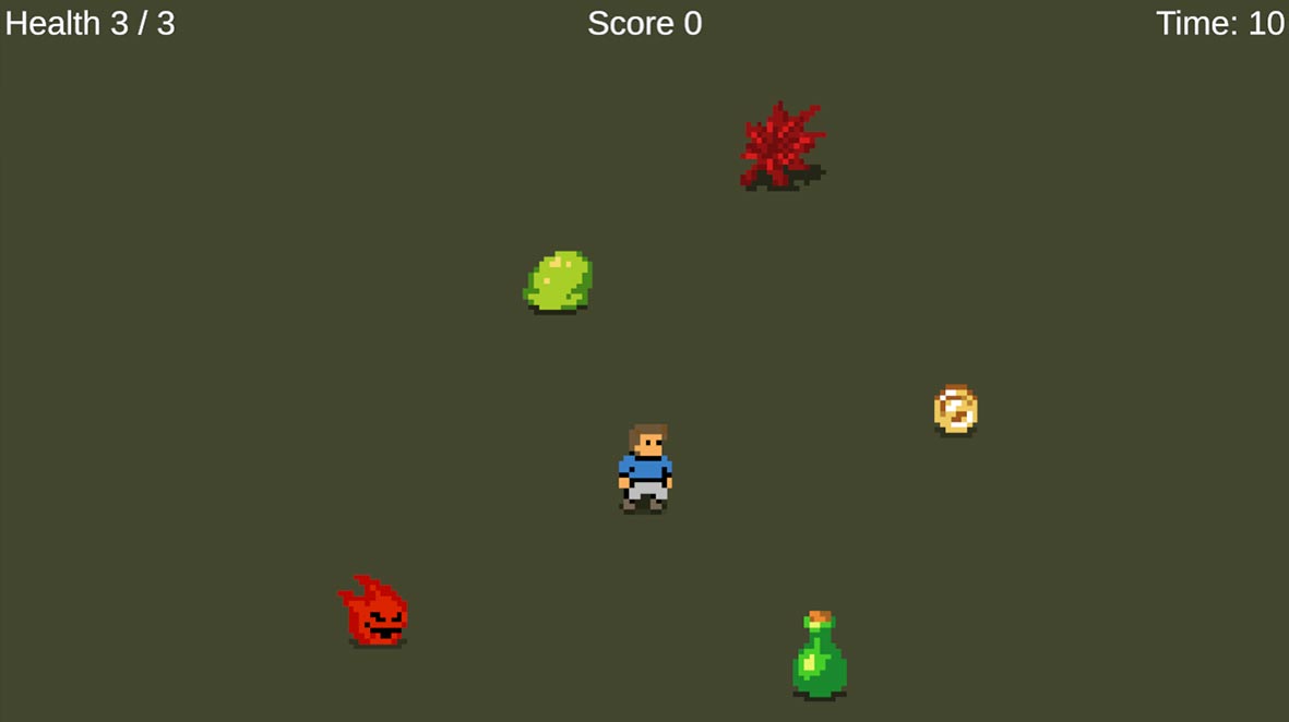 Unity starter kit gameplay scene with player, enemy, pickup, hazard, HUD, and CC0 art