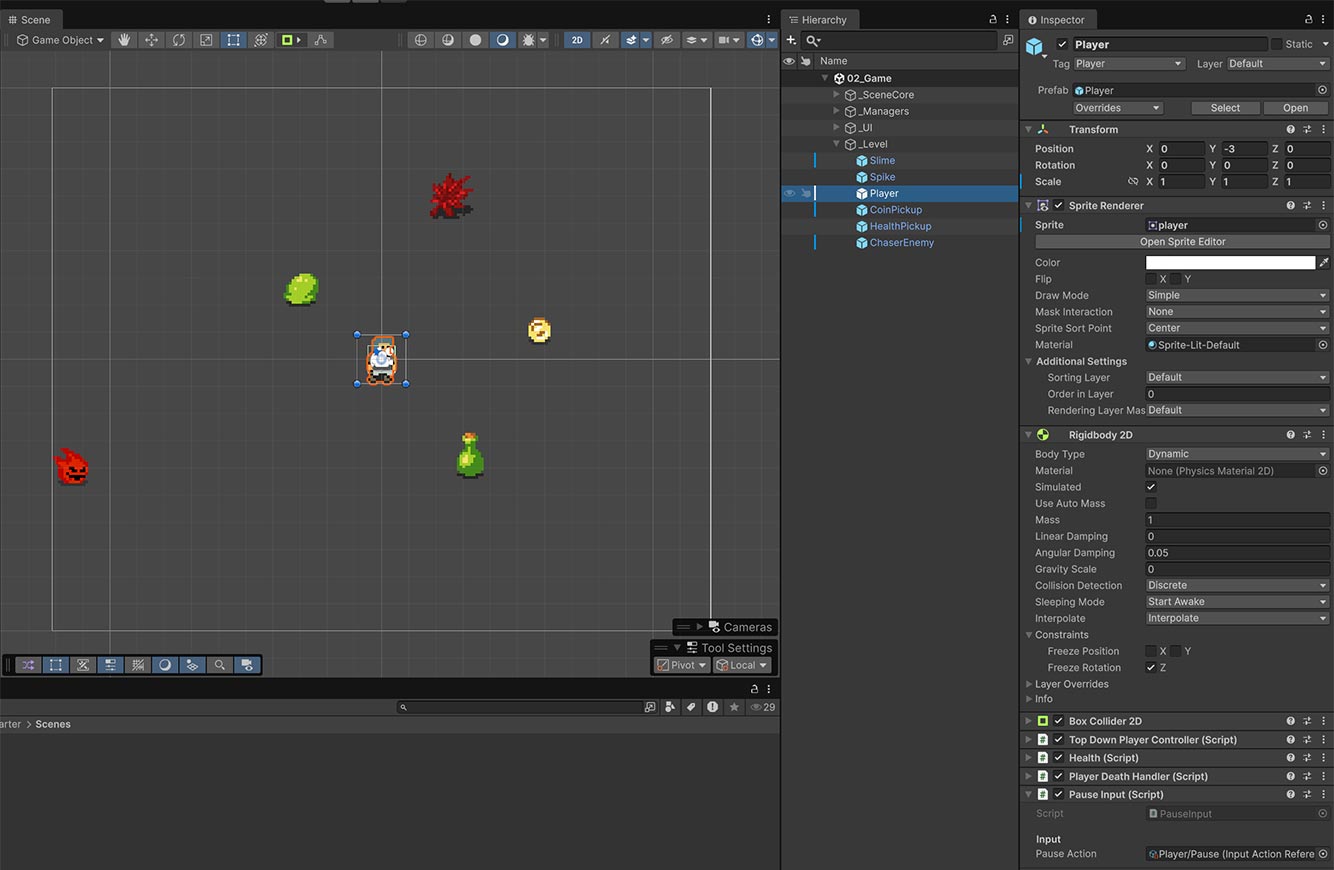 Player prefab inspector showing Rigidbody2D, Collider2D, Health, movement, and pause components