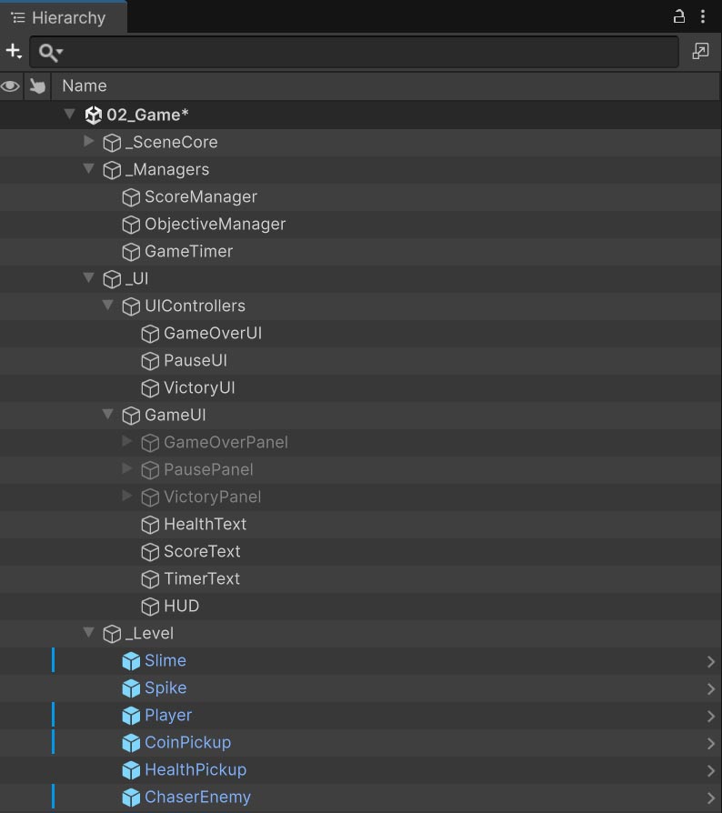 Organized Unity Project window and scene hierarchy